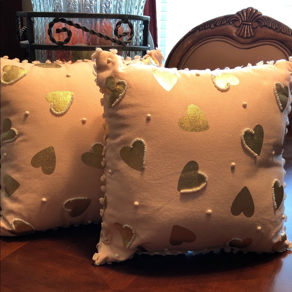 Pier 1 Pink Pillow with Gold Heart & Pearl Accents set of 2